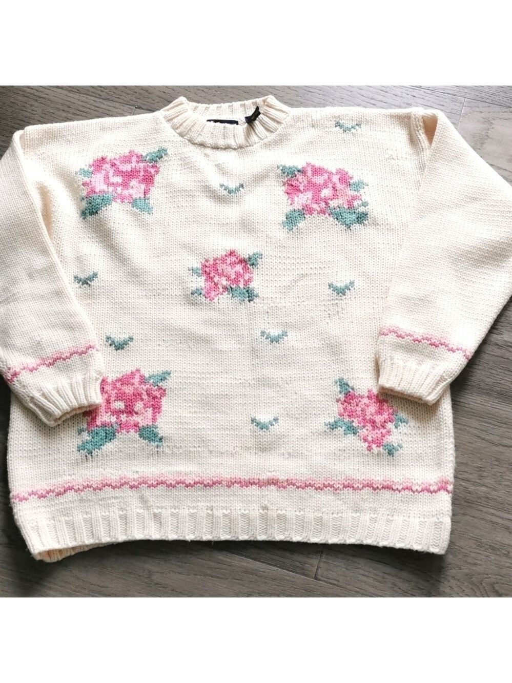Hand knit CottageCore Grannycore Romantic Floral Sweater Weekend Edition. Size L